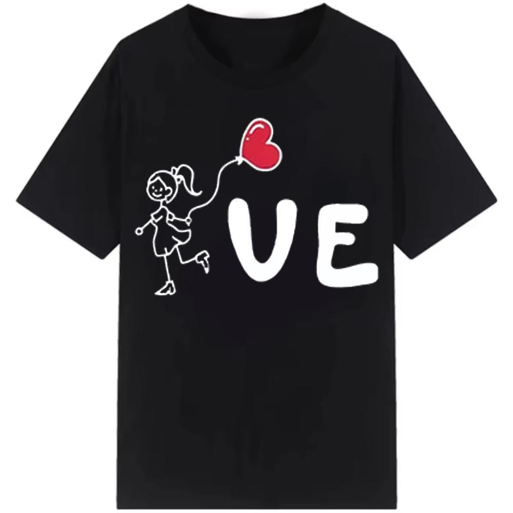 Schwarz-Weißes Lässiges Kurzarm-T-Shirt mit Rundhalsausschnitt und Cartoon-Charakter-Design für Paare auf Paarreise