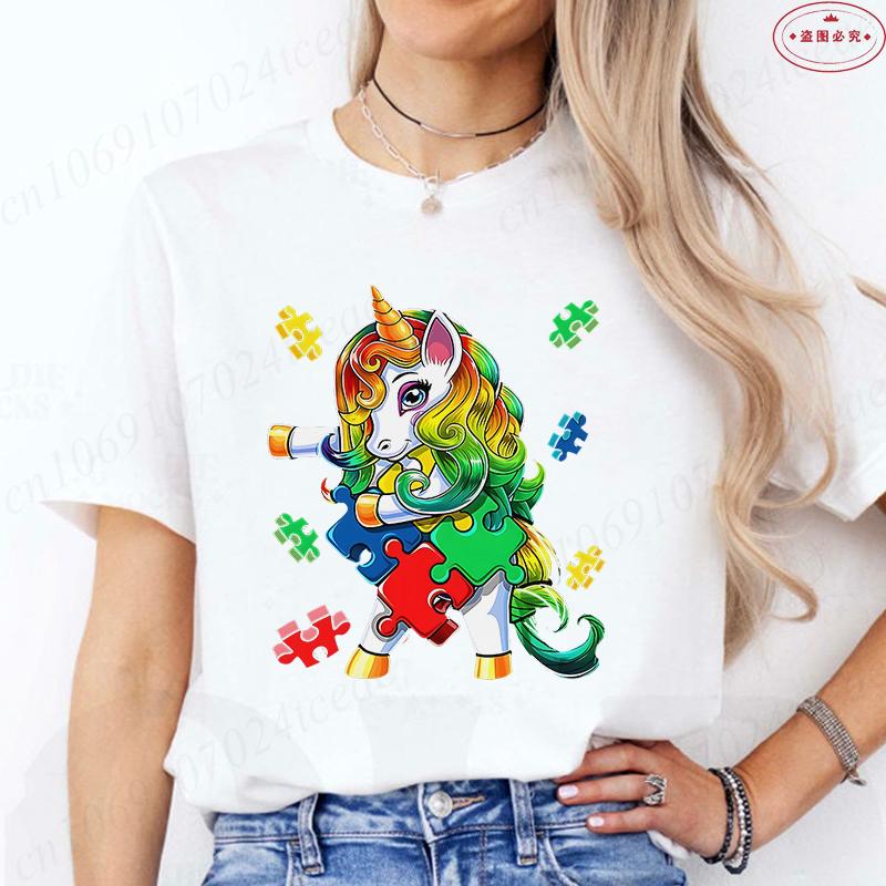 

Autism Awareness T-Shirt for Unisex Clothing Summer O Neck Short Sleeve Tees Shirt Awareness Month Unicorn Graphic Y2k Tops S