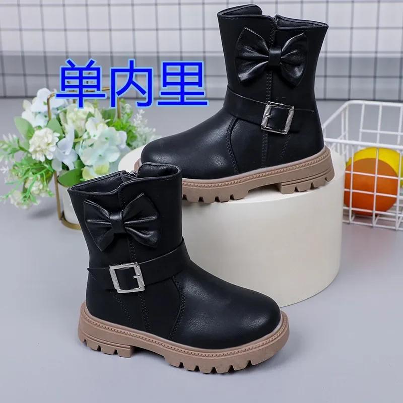 

Girls Autumn Winter Korean Version Princess Soft Soled Boots Mid Top Leather Boots Children Bows Agraffe Antiskid Side Zippers 27 чорний