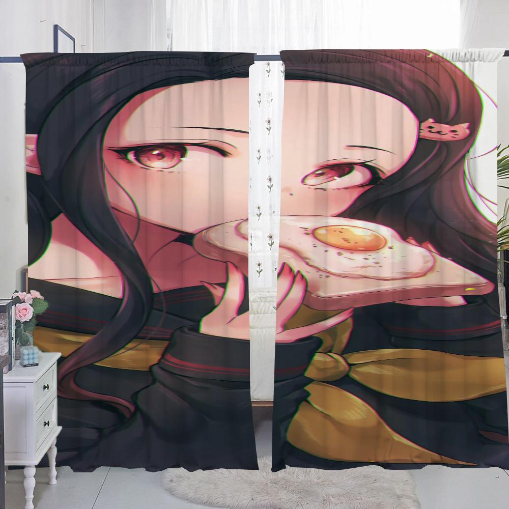 Set Of 2 Window Kitchen Curtains Living Room Door Curtain Demon Slayer Bedroom Decoration Partition Darkening For Area Made Polyester