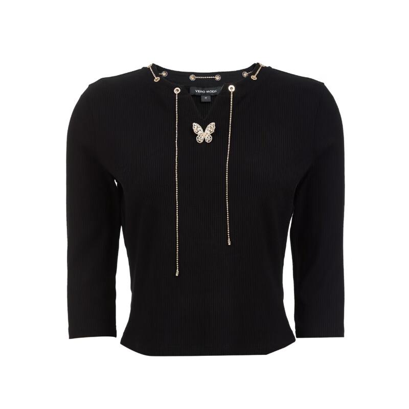VEROMODA 2025 Autumn Slim-fit 3/4 Sleeve T-Shirt with Metal Butterfly Brooch