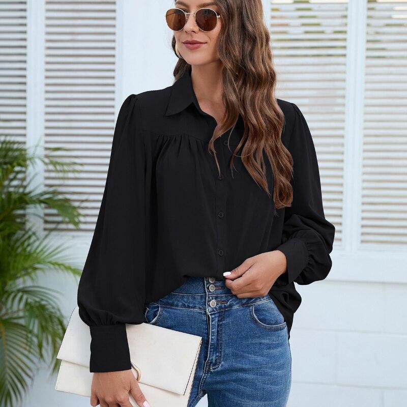 Lantern Sleeve Chiffon Shirt Women Casual Loose White Blouse Ladies Pleated Solid Tops Fashion Womens Clothing 2026 Blusa 24751