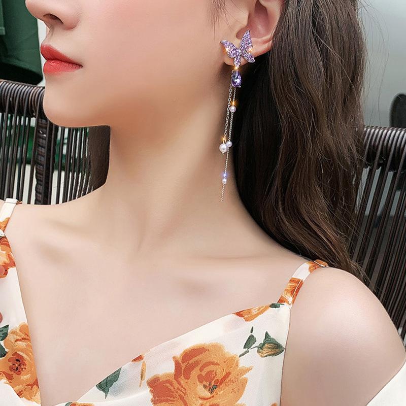 Purple Butterfly Drop Earring For Women Pearl Tassel Chain Earring Jewelry Pendientes