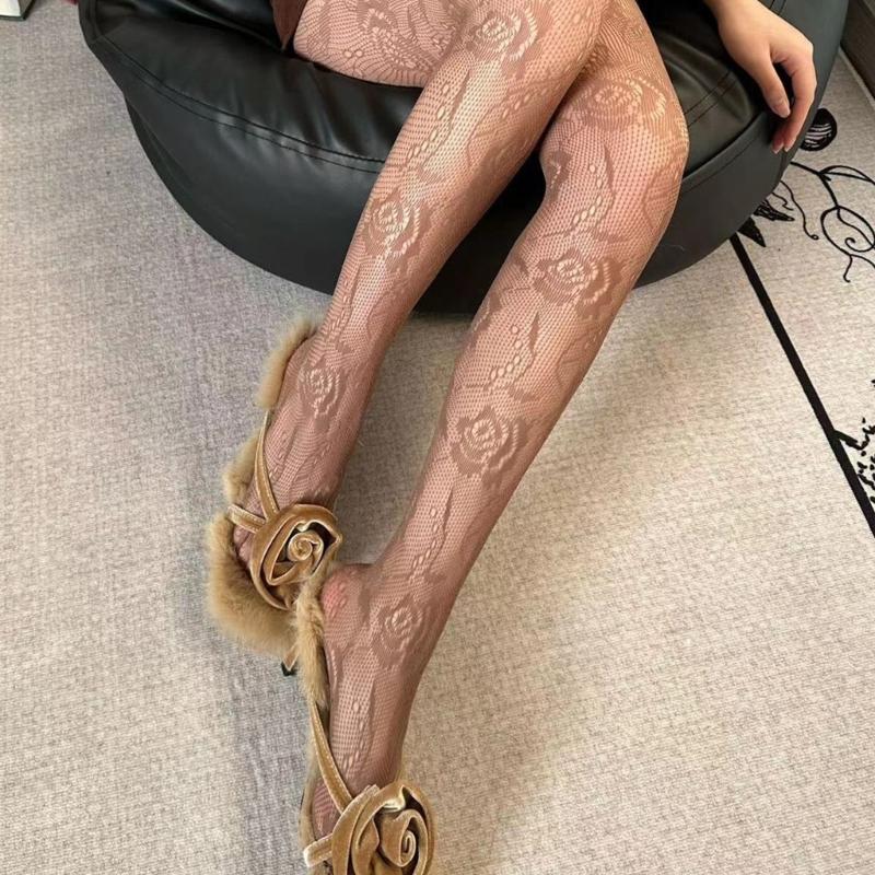 Women Chinese Style Sexy Hollowed Sheer Fishnet Pantyhose Rose Flower Jacquard Patterned Vintage Leggings Mesh Tights