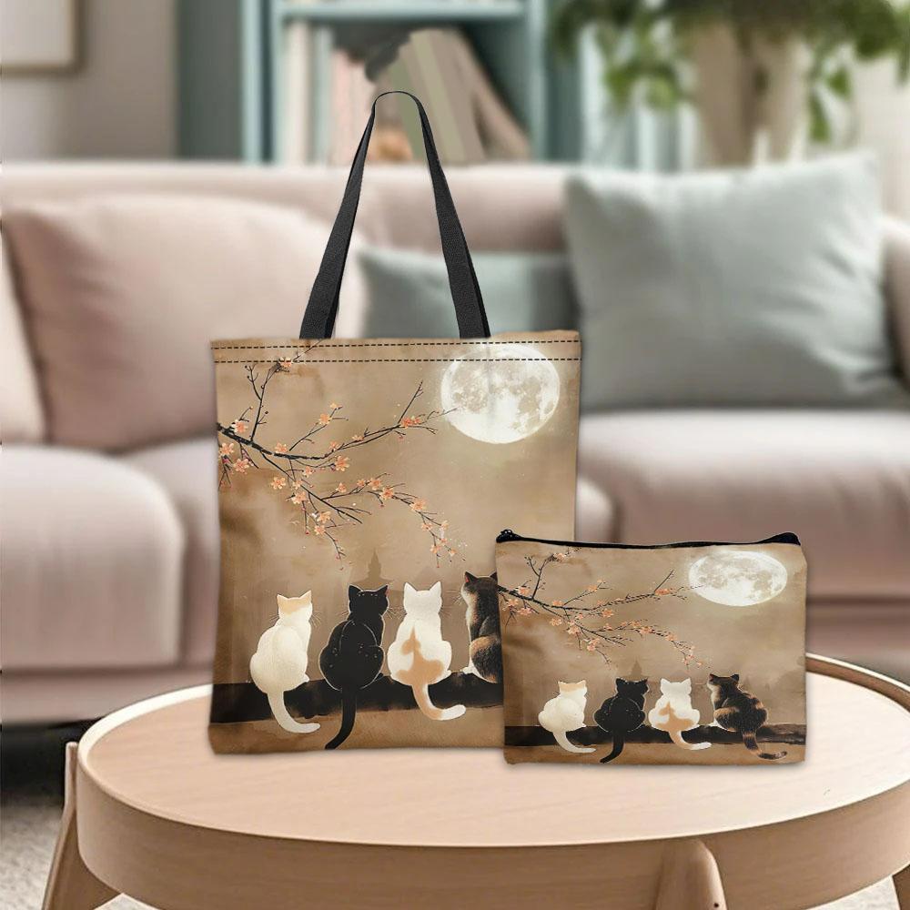 Chic Kitten Moon and Cat Shoulder Bag And Makeup Bag Reusable Shopping Bags Chic Cosmetic Pouch Handbag Women's Daily Use