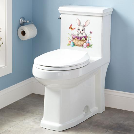 Paas Leuke Konijn Toilet Sticker Waterdichte Toiletbril Deksel Sticker Cartoon Konijn in Vlechtmand Lezend Toiletbril Cover Sticker voor Badkamer Huis