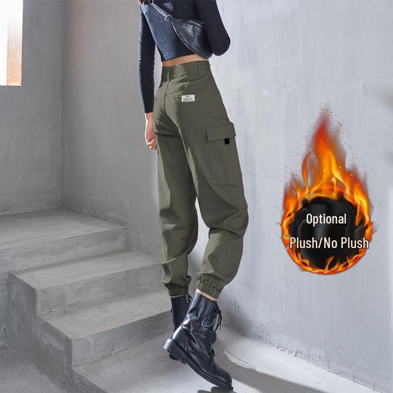 

Женский армейский зеленый комбинезон с высокой талией и манжетами - Повседневные брюки 9/10 для осени/зимы, приталенного кроя S [Recommended 80-95 lbs]