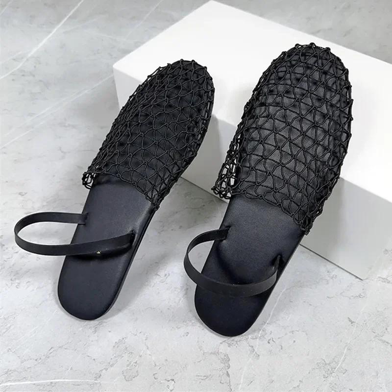 Fashion Novelty Mesh Flat Sandals Women Designer Weaving Hollow Breathable Mules Slippers Summer Light Comfort Slingbacks Slide Sandals
