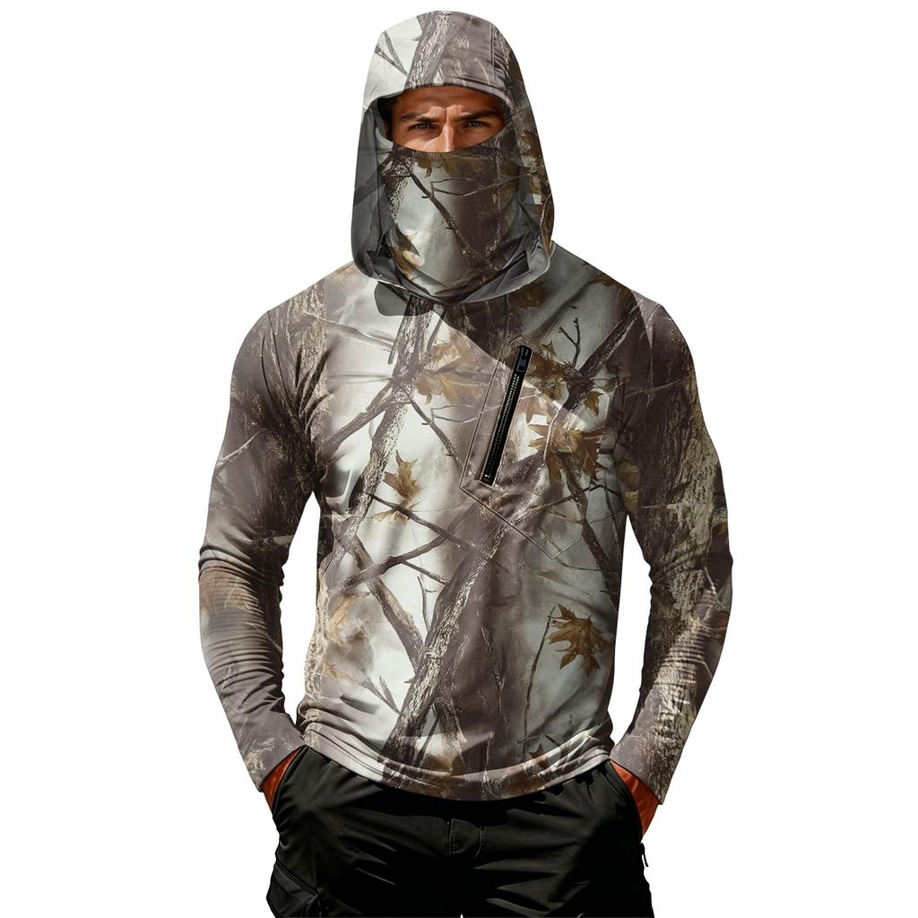 Men’s Casual Hooded Long Sleeve Sun Top with Leaf Camouflage Print and Zippered Chest Pocket for Outdoor Activities