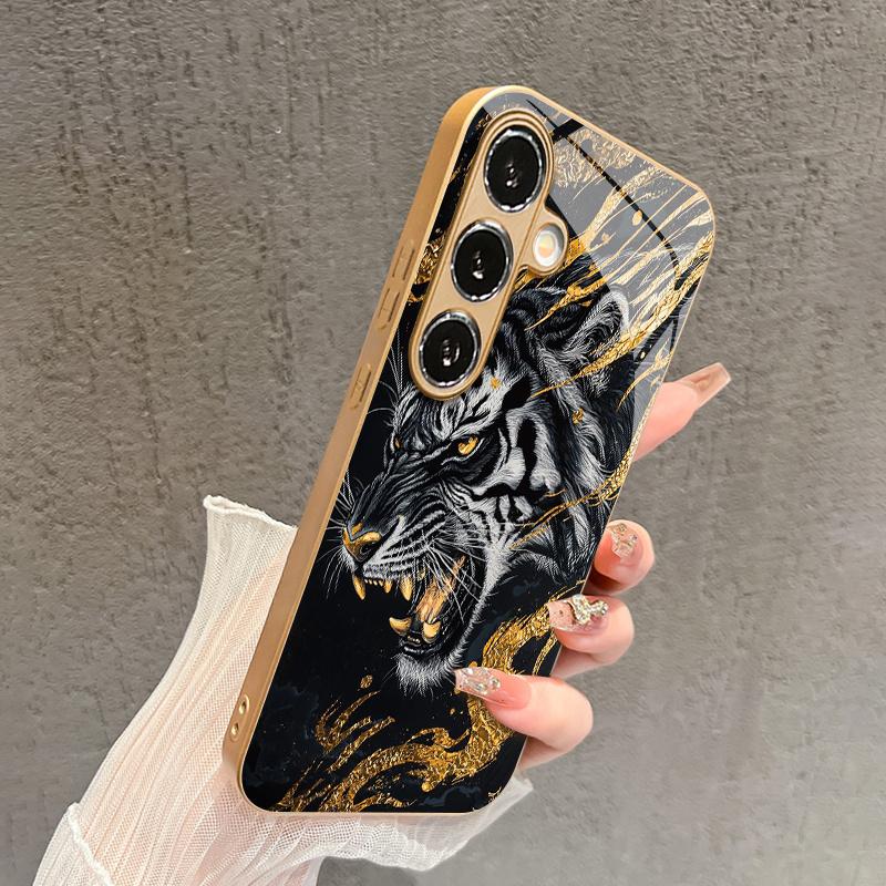 Black Gold Tiger Pattern 2D Phone Case for Samsung S26 S25 S24 S23 S22 S21 S20 A56 - Golden Metal Paint Glass Protective Cover