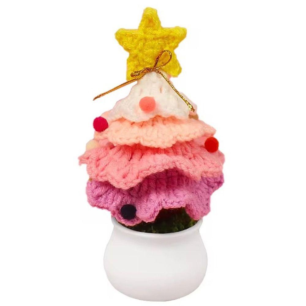 Cute Crochet Christmas Tree Decor Mini Artificial Knitted Tabletop Ornament  Holidays