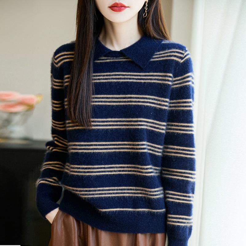 Small Lapel Color Block Stripe Wool Sweater - Autumn/Winter Long Sleeve Slim Fit Pullover for Women
