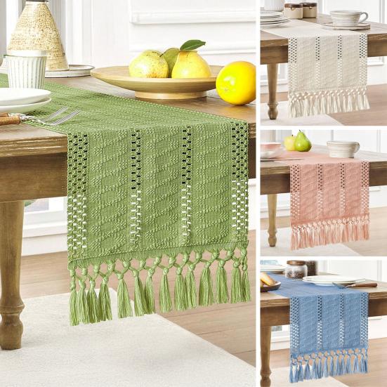 Boho Knitted Table Runner Handmade Rustic Table Runner with Tassels Cotton Linen Farmhouse Table Runner for Dining Table Sideboard Dresser Decor