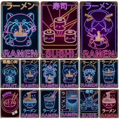 Japanese Wave Ramen Sushi Cat Posters Neon Design Japan Culture Retro Kawaii Cuisine Metal Tin Sign Plaque Room Wall Art Decor