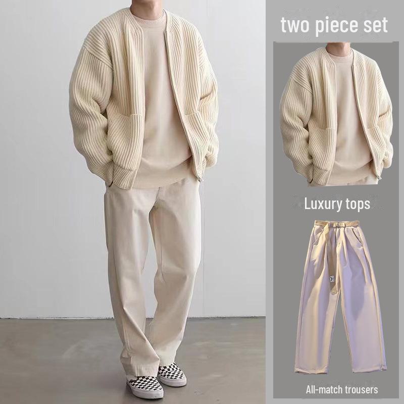 

Мужской универсальный однотонный трикотажный кардиган на молнии с повседневными свободными брюками 2X Large