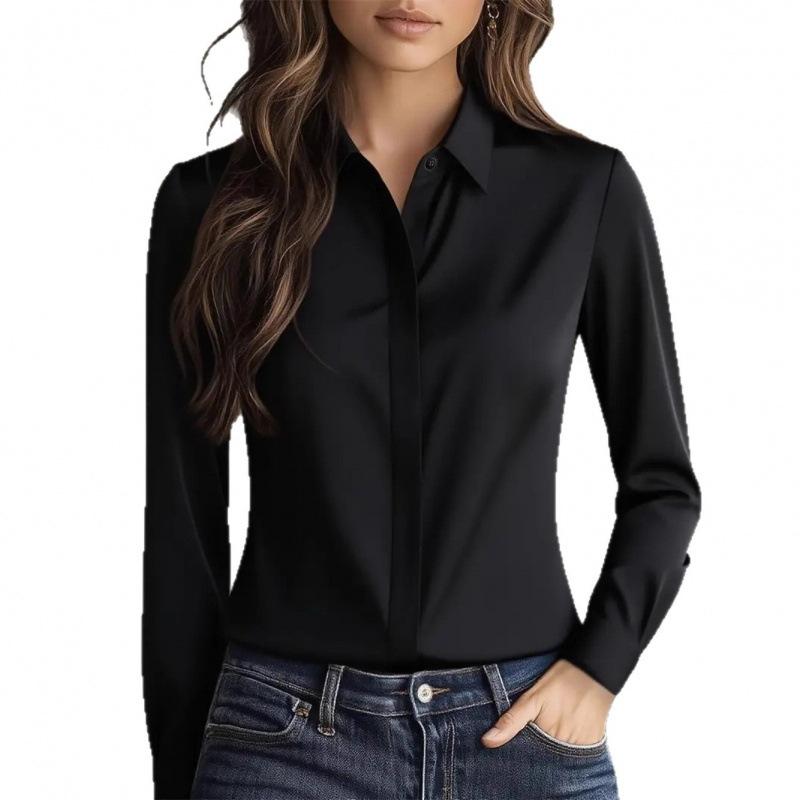 New Autumn Solid Color Long-sleeved Versatile Shirt Lapel Satin Shirt