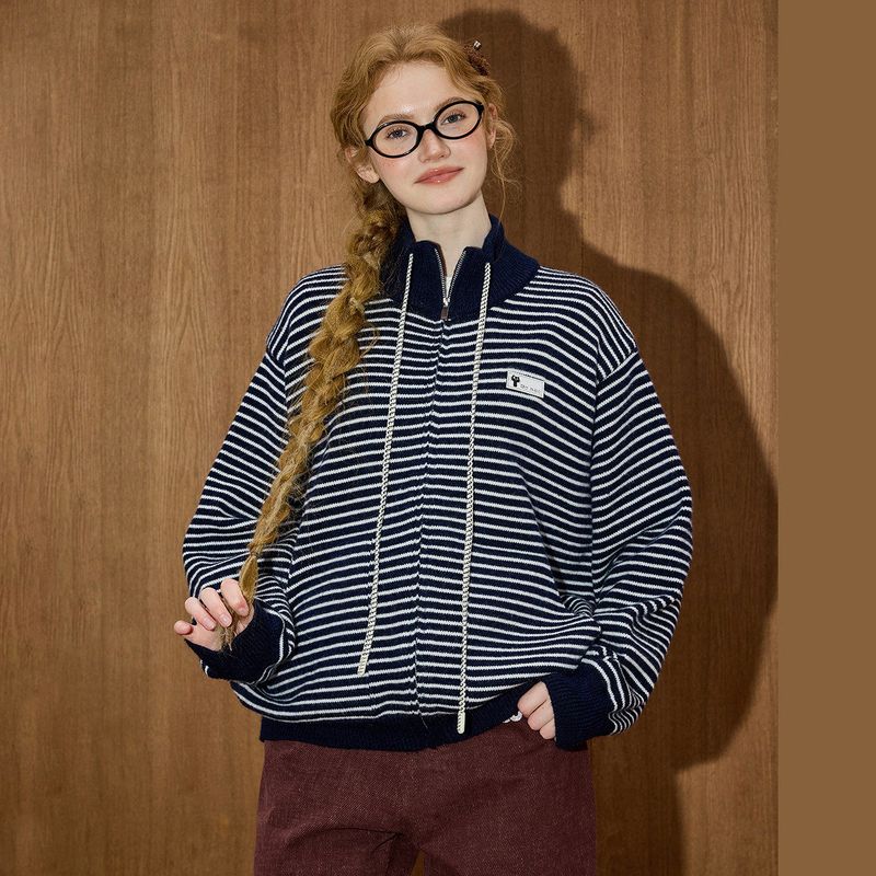 

Coolhut Dark Gray Striped Sweater for Women, Loose Fit, Stand Collar, Drawstring Zipper Knit Cardigan, Slimming and Versatile Jacket