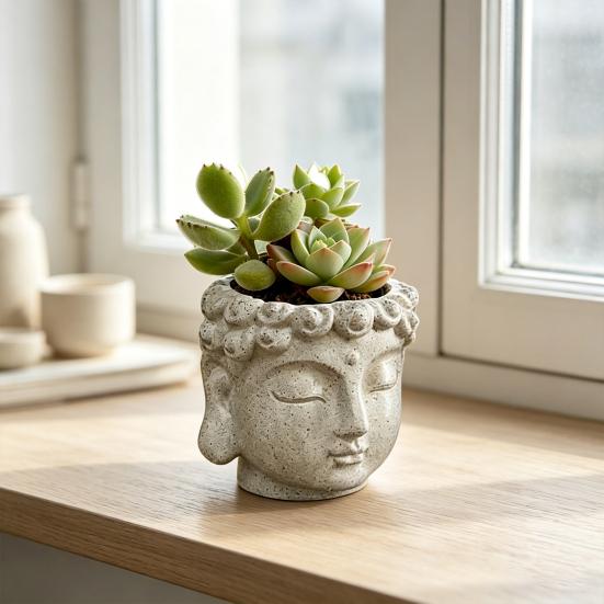 Buddha Head Flower Pot Buddha Head Sculpture Decoration Meditation Buddha Statue Planter for Home Desk Corner