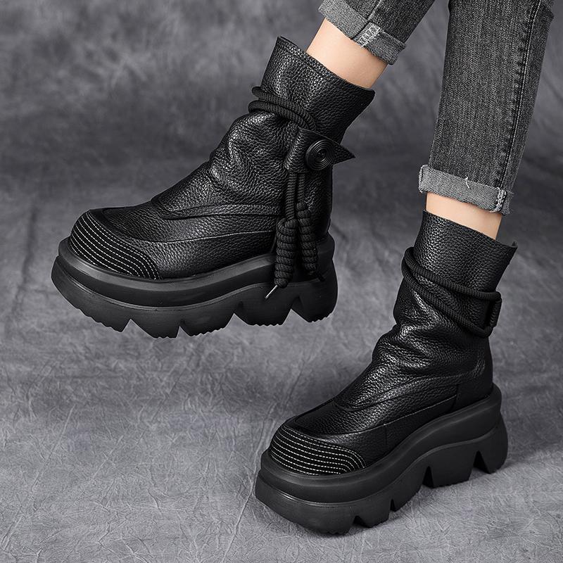 Móda GKTINOO Ručně vyráběné kozačky do půl lýtka Platforma Dámské Pravá kůže Krátké kozačky Kulatá špička Zvyšující výšku Silná podrážka Dámské boty