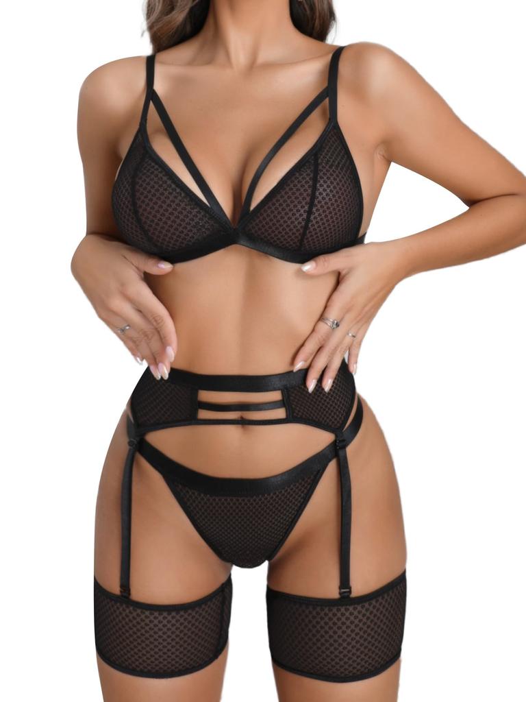 popiv Women's Sexy Lingerie Set with Garter Belt Matching Bra and Panty Lingeries Sets 4 Piece