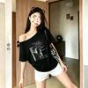 Lazy Wind One-word Shoulder Slanted Shoulder Printed T-shirt Women's Summer Loose and Thin White Short-sleeved Loose and Unique Beautiful Top