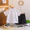 Summer 2026 Boys' Collared Striped Two-Piece Set with Double Zip Pockets