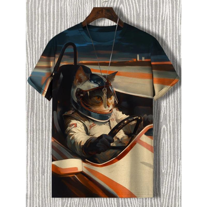 Herren Tier Lustige Katze Bedrucktes T-Shirt Kurzarm T-Shirt Tops 3D-Druck O-Ausschnitt Shirts Party Sommer Lässig Herrenbekleidung