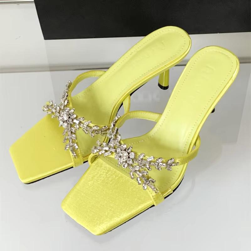 Fashion Luxury Rhinestone Open Toe Heeled Shoes Woman Satin Square Toe Designer Women Sandals Fashion Elegant Thin Heeled Slide Sandals