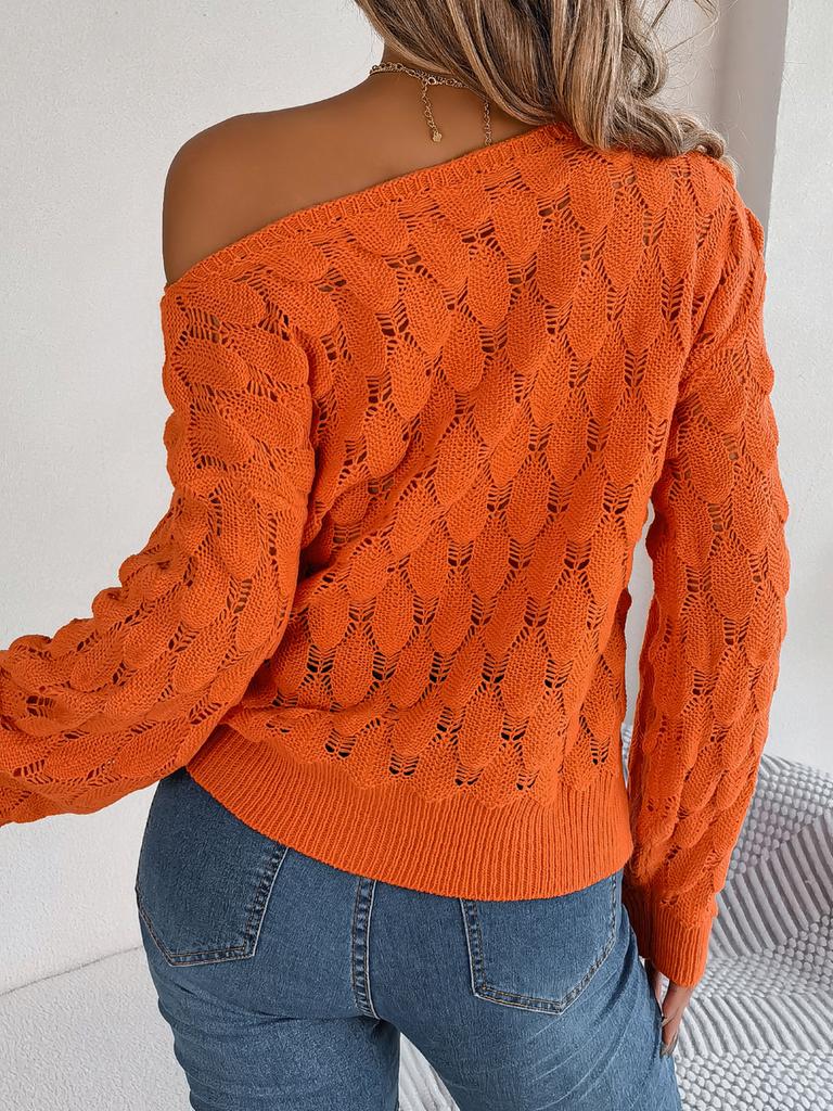 Herbst Winter Lässig Hohl Ein-Schulter Laternenärmel Strickpullover Damenbekleidung