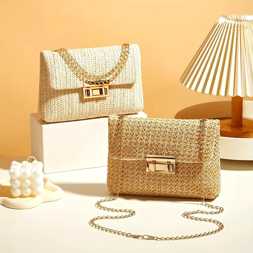 Stylish Handwoven Ladies Crossbody Bag Chain Strap Lock Buckle Adjustable Shoulder Strap Perfect