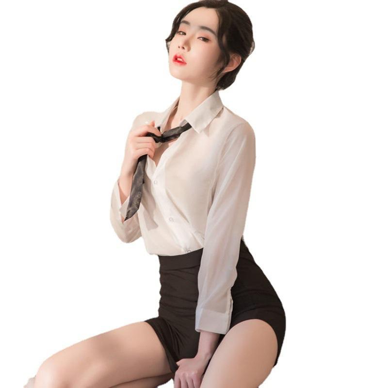 Smoke sexy lingerie sexy white shirt hip wrap tight secretary uniform perspective seduction passion pajamas teacher female