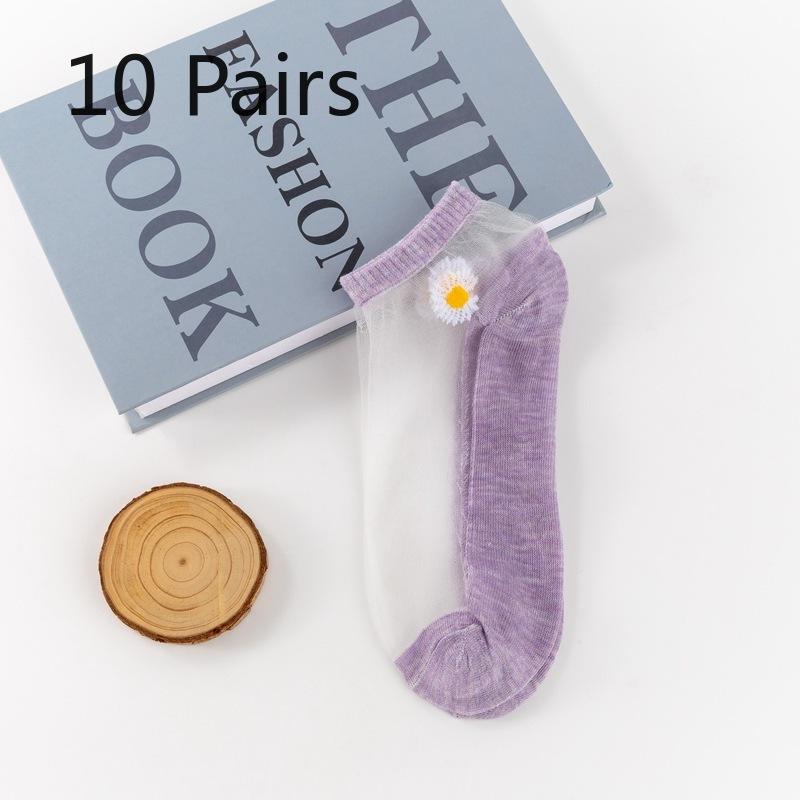 

10 пар летних хрустальных шелковых чулок для женщин, чулки с ромашками для женщин и короткие шелковые чулки 10 pairs фиолетовый