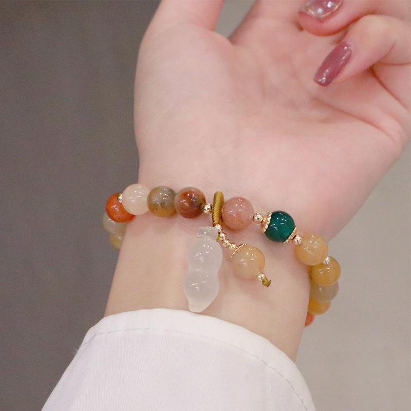 Vintage Vermilion Bracelet With Natural Gold Wire Jade Agate Gourd Peanut Bracelet Decorated With Vintage Chinese Style Accessories