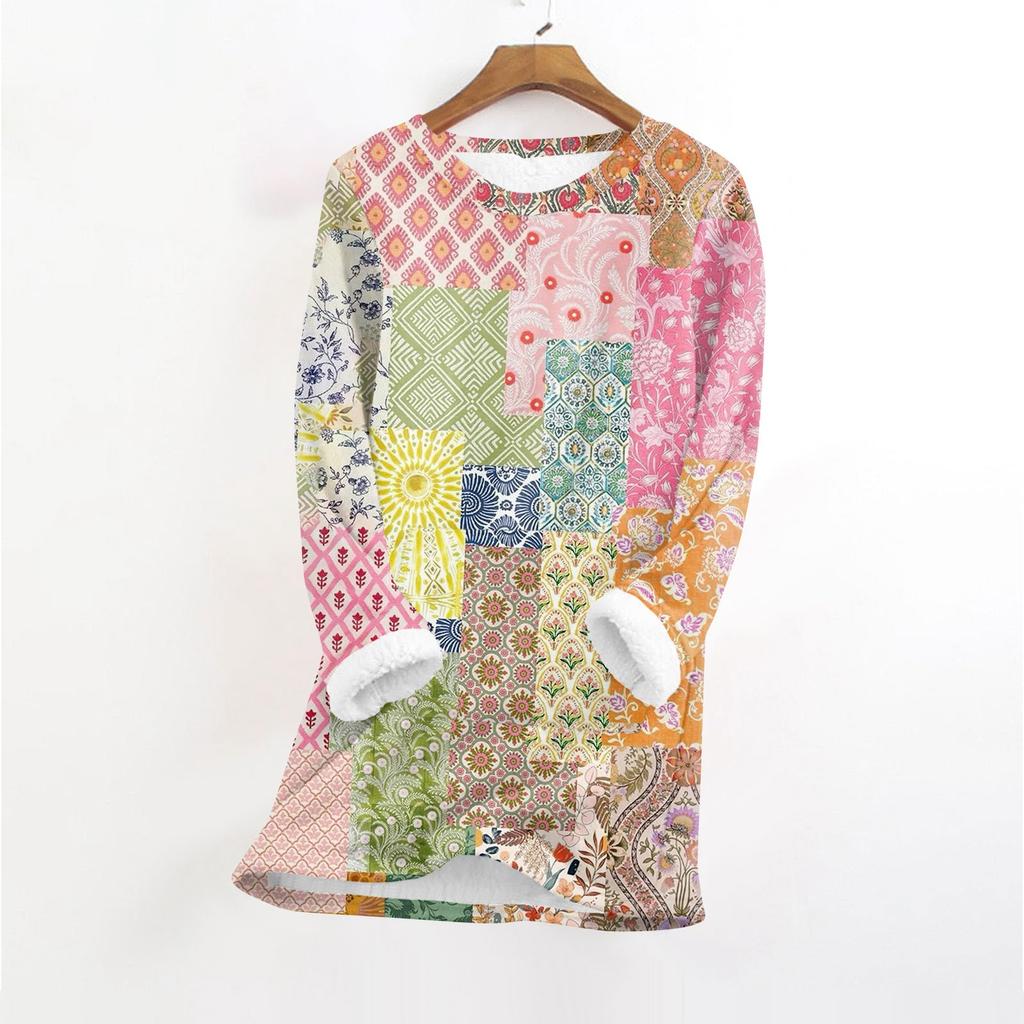 Haut pull-over chaud en peluche à manches longues et col rond imprimé tendance pour femmes