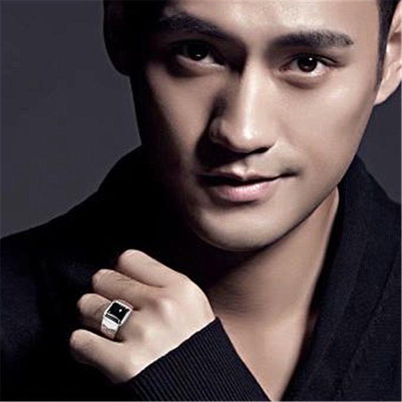 S925 Silver Plated Men's Black Agate Domineering Open Ring with Faux Gem