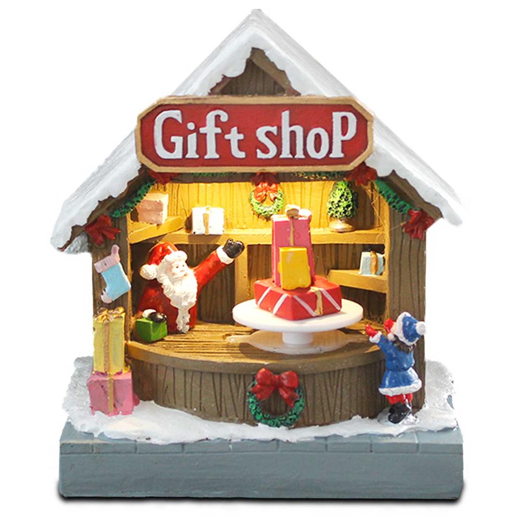 Animated Christmas Village Street Gift Shop with LED Light & Music, Resin Figurines Cute Santa Claus for Festive Decorations B/O