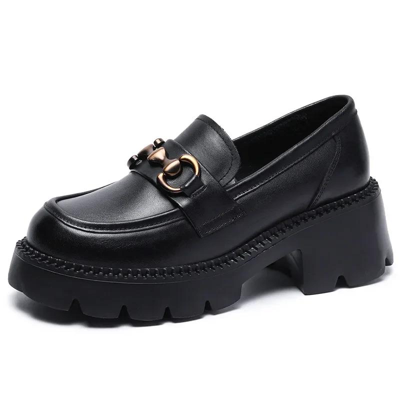 Platform Shoes Spring Summer Genuine Leather Loafers Women'S Metal Buckle Single Shoes Elevated Thick Sole Small Leather Shoes