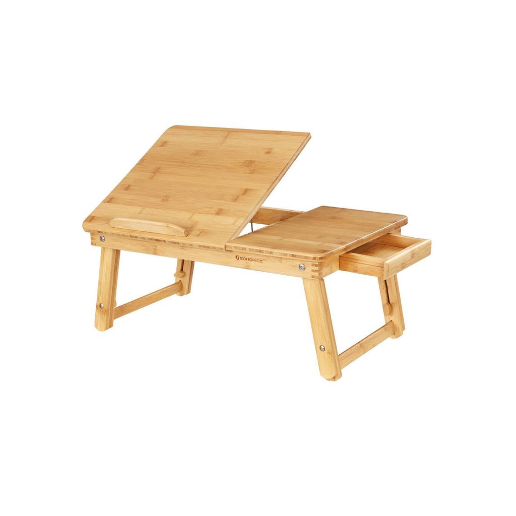 SONGMICS Bamboo Lap Desk, Laptop Table, Breakfast Tray with 5 Adjustable Tilting Angles, Small Drawer, Natural