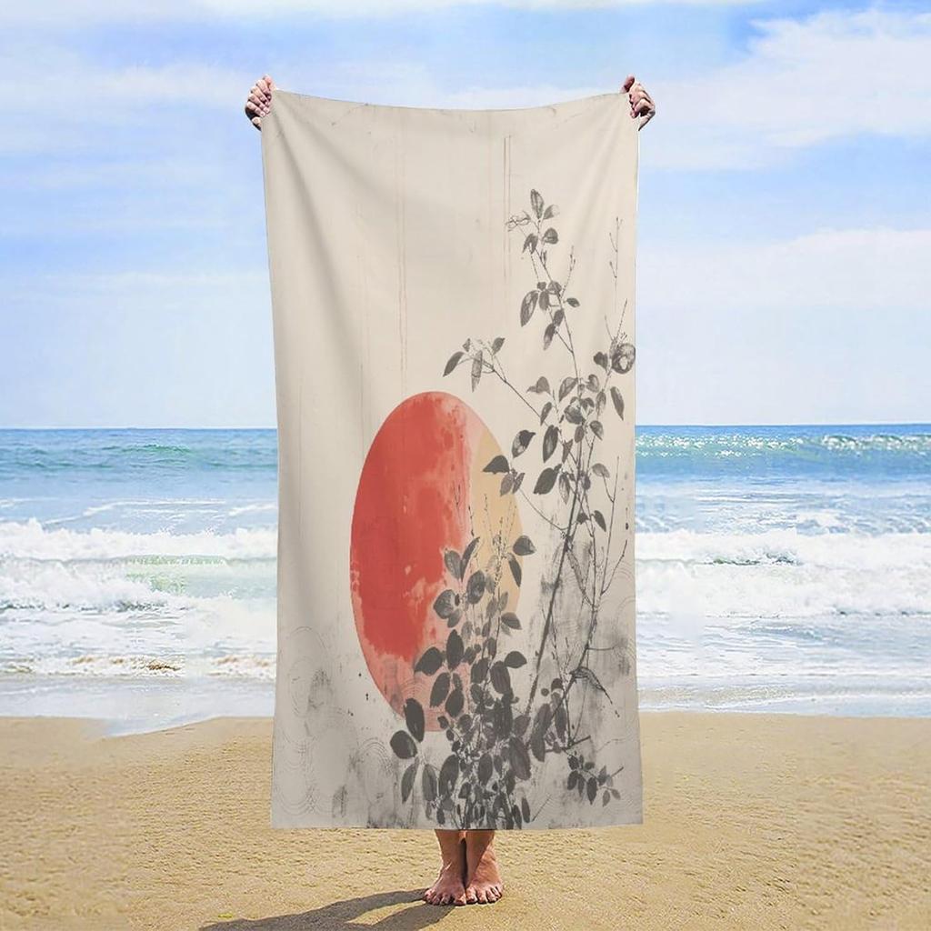 Japanese Style Ink Painting Plant Leaves and Sun Beach Towel Traditional Japanese Ink Painting Personalized Beach Towels Sand
