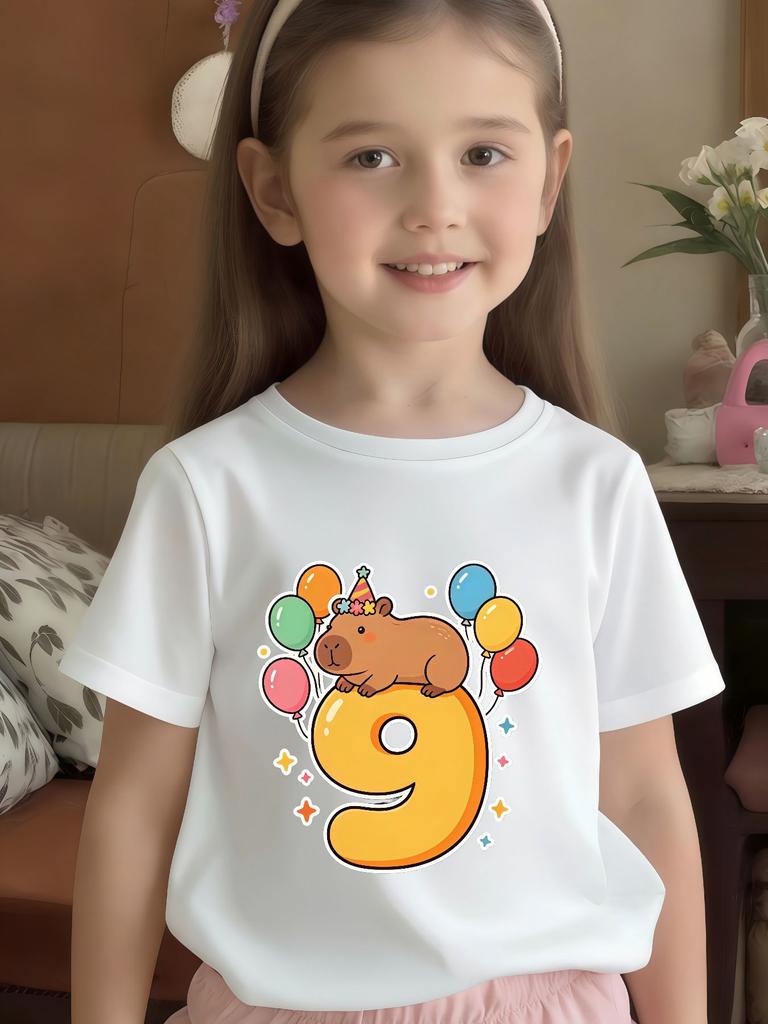Capybara Birthday 9 Balloon Cartoon Print Kids T Shirt Boys Girls Family Match Cotton Short Sleeve Summer Daily Casual Clothes