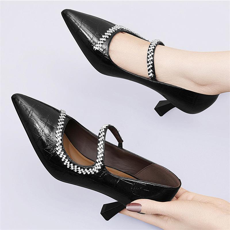 French pointed women's shoes fairy wind early spring single shoes female temperament thin heel rhinestone light luxury high heels