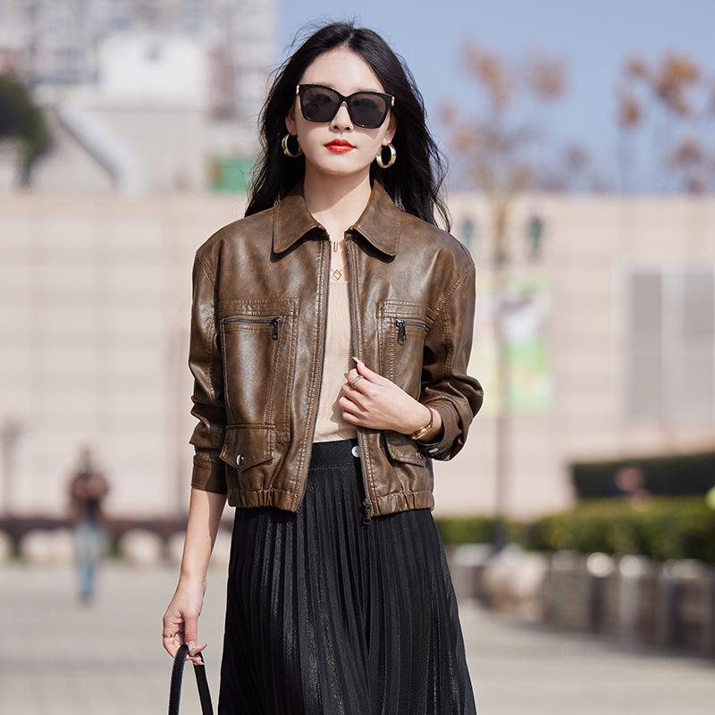 

Дизайнерская короткая кожаная куртка женская весна-осень новая одежда ретро кожаная куртка 2XL