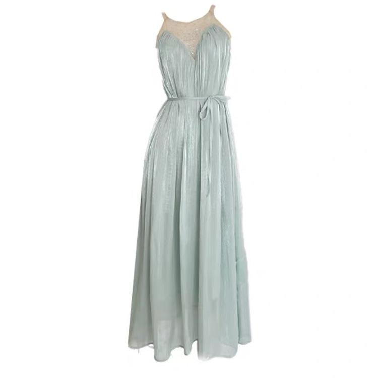 Summer French Light Luxury Summer Clothing Temperament Water Light Wrinkle A-shaped Skirt Hot Diamond Mesh Splicing Pleated Dress