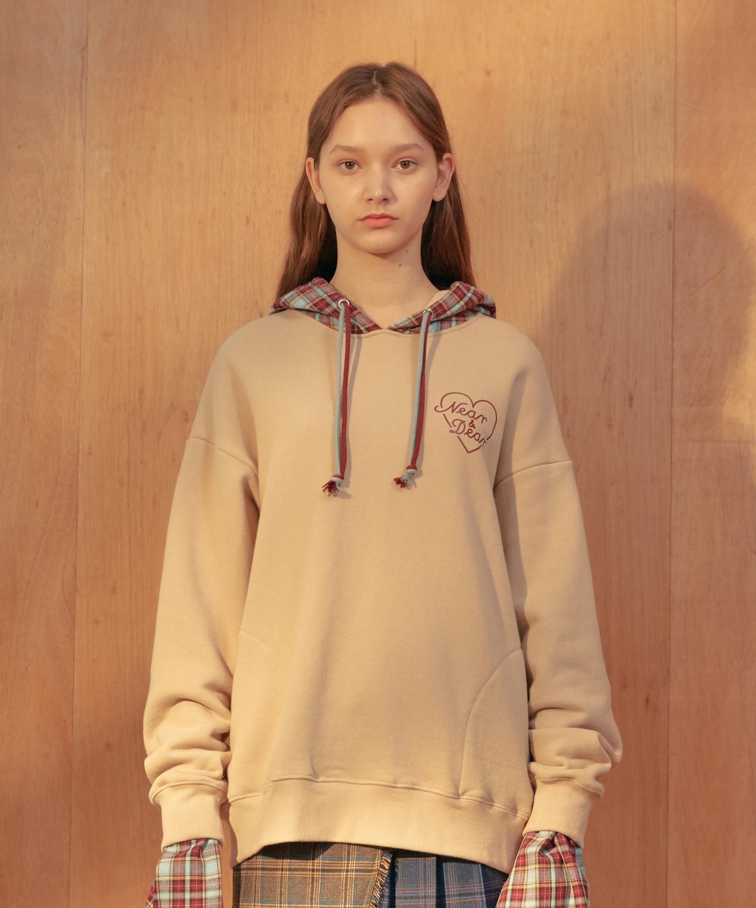 Near And Dear Check Sleeve Layered Hoodie Beige/Free