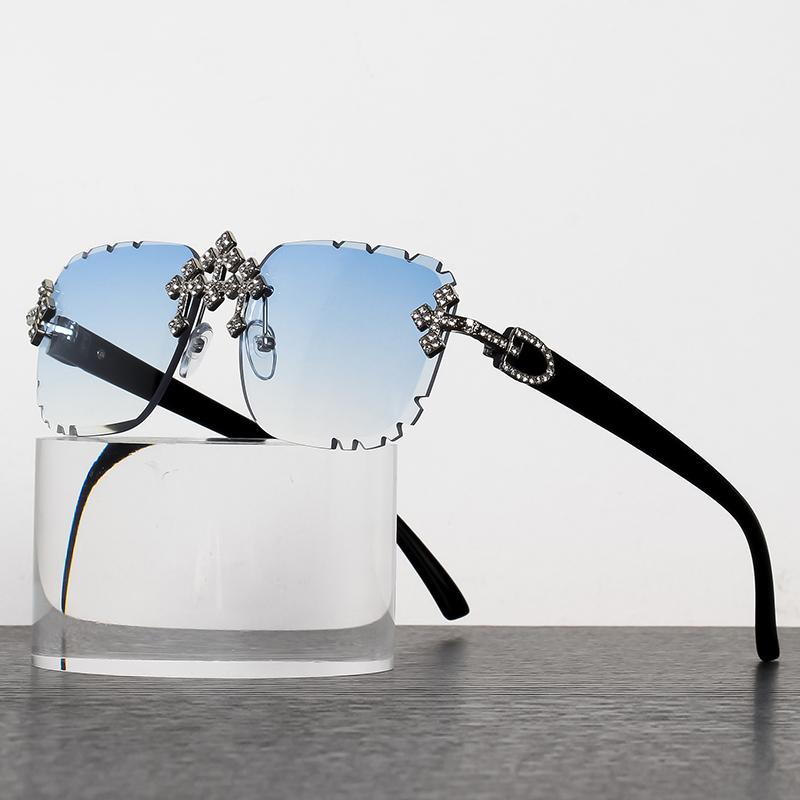 Fashion Square Rimless Sunglasses Cross Diamond Metal Frame For Women Luxury Eyewear Cut Lens UV400 Shades Sun Glasses