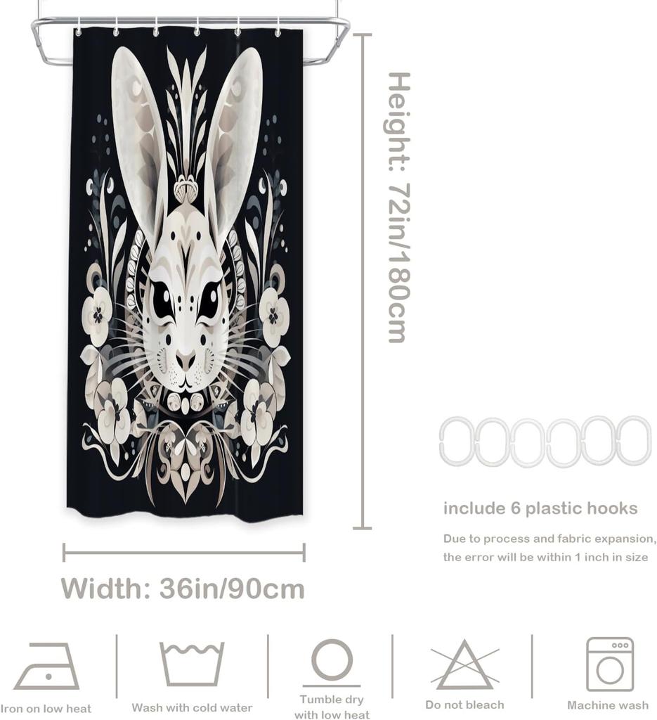 Artistic Rabbit Face Floral Design Shower Curtain Black White Boho Decor 72X72 Inches
