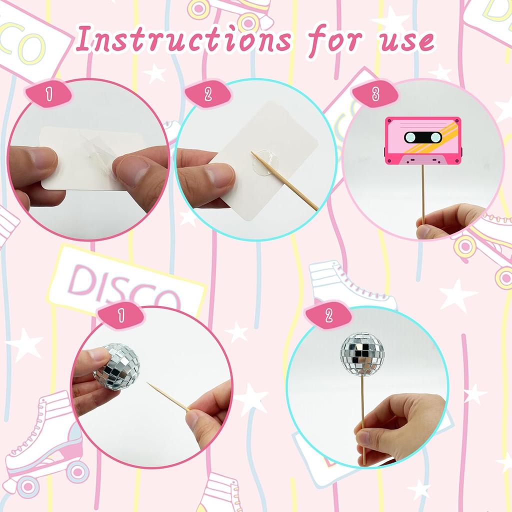 20PCS Roller Skate Cake Topper Disco Ball Cake Toppers Retro Hip Hop Theme Party Cake Decoration for 80s 90s Skating Theme Party