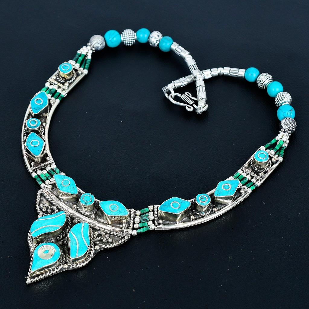 Turquoise 925 Sterling Silver Necklace Tibetan Silver Necklace Bohemian Antique Necklace Handmade Jewelry Nepali Necklace Gift For Wife