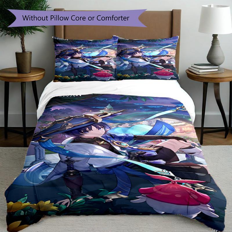 3pcs Duvet Cover Set (1*Duvet Cover + 2*Pillowcase, Without Core), Genshin Impact Print Bedding Set, Bedroom Decor, All‑Season, Birthday Gift