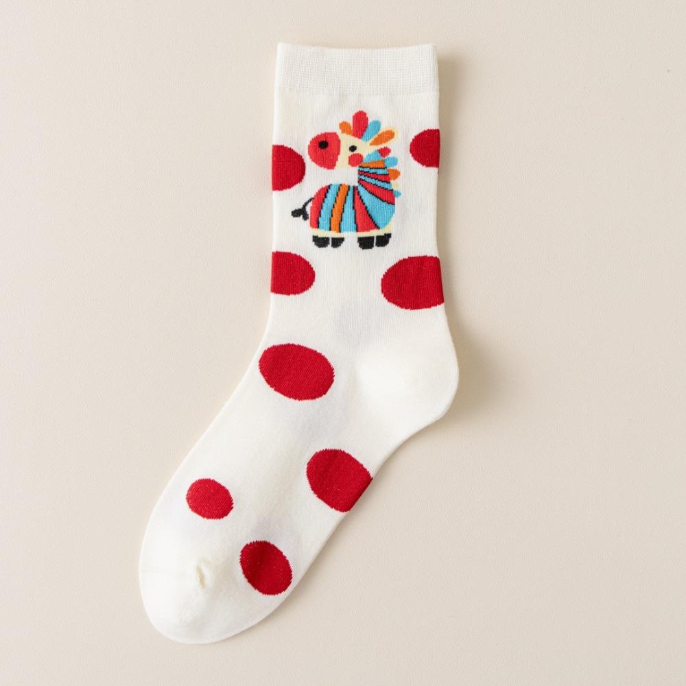 Sweat-absorbent Women Socks Striped Printed New Year Cotton Socks Tube Socks Spring Festival